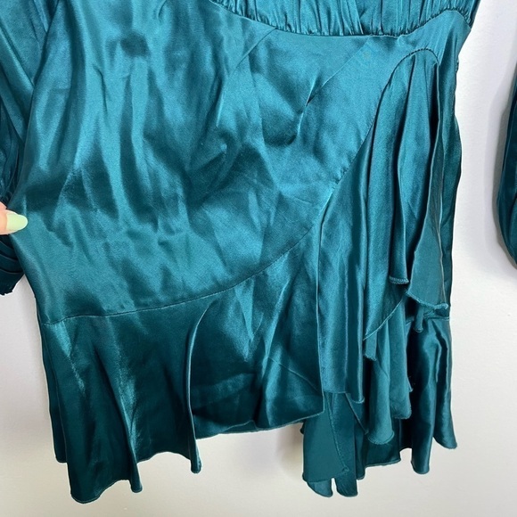DIVINE heritage teal blue satin wrapped front ruffle mini dress - Picture 5 of 12